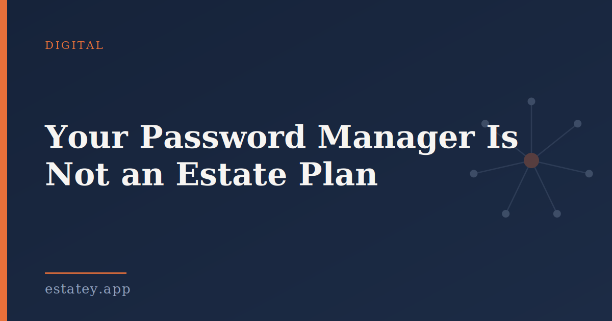 Estatey article header card in navy blue and orange, showing the hub-and-spoke Estatey mark and the headline “Your Password Manager Is Not an Estate Plan”